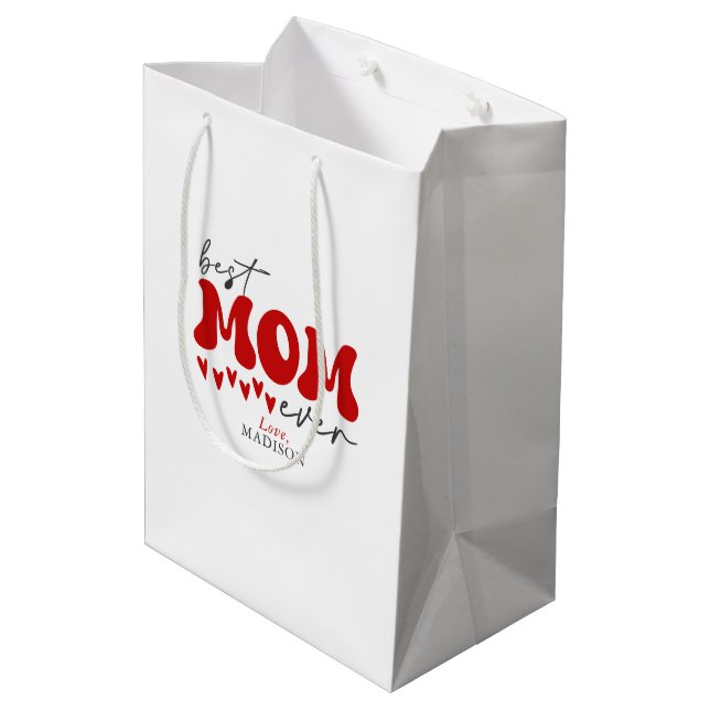 Red Gray Niedlich Best Mama jemals Mittlere Geschenktüte (Rückseite Schrägansicht)