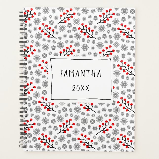 Red Gray Scandinavian Floral Pattern Planner Planer (Vorderseite)