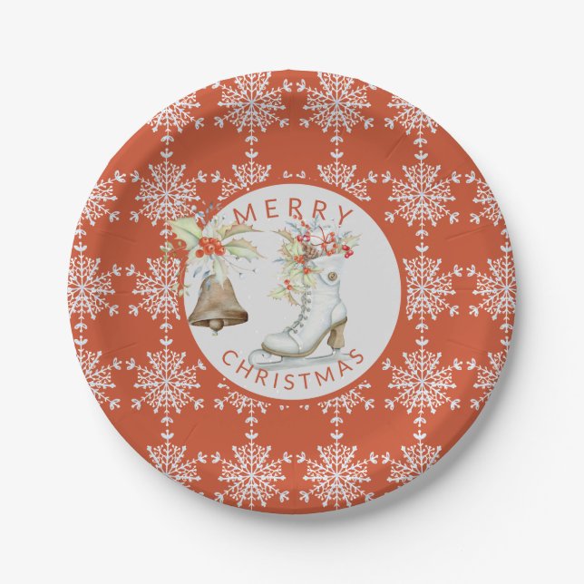 Red Gray Snowflakes Weihnachten Ice Skate Party Pappteller (Vorderseite)