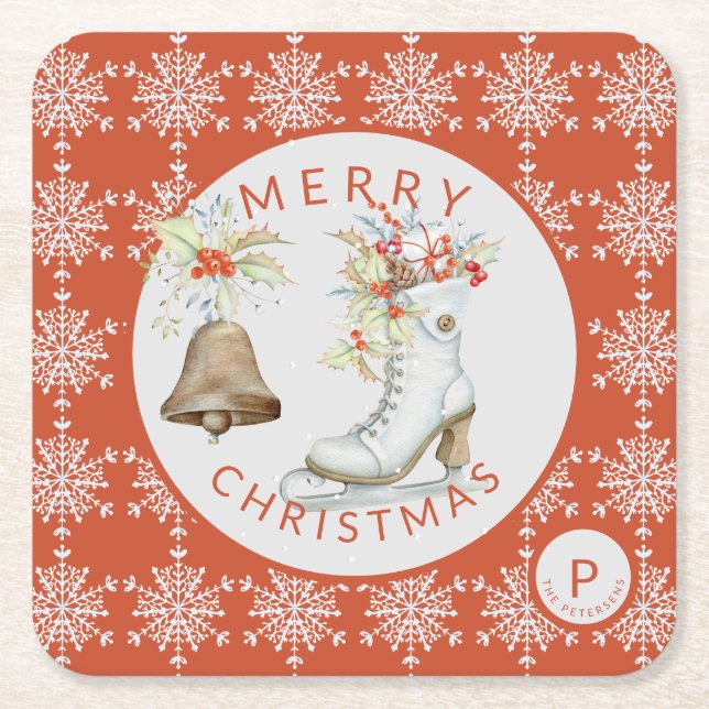Red Gray Snowflakes Weihnachtseis Skate Monogram Rechteckiger Pappuntersetzer (Vorderseite)