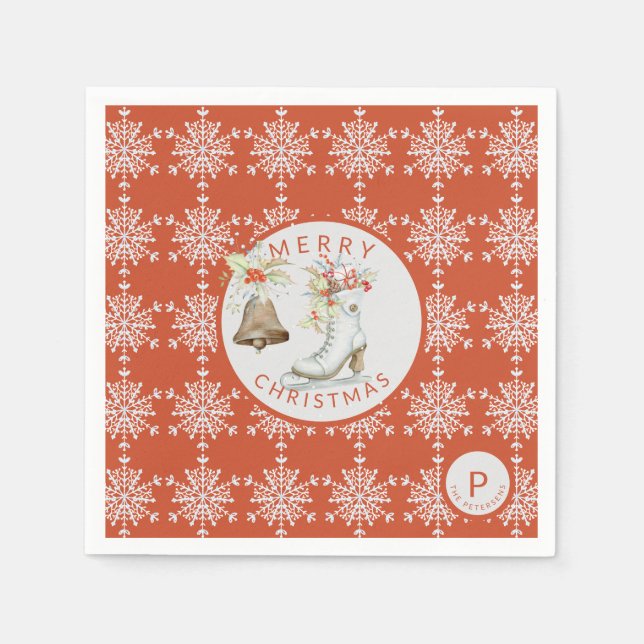 Red Gray Snowflakes Weihnachtseis Skate Monogram Serviette (Vorderseite)