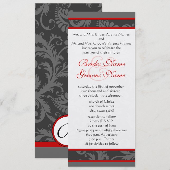 Red Gray White 9x4 Damask Swirl Wedding Einladung (Vorne/Hinten)