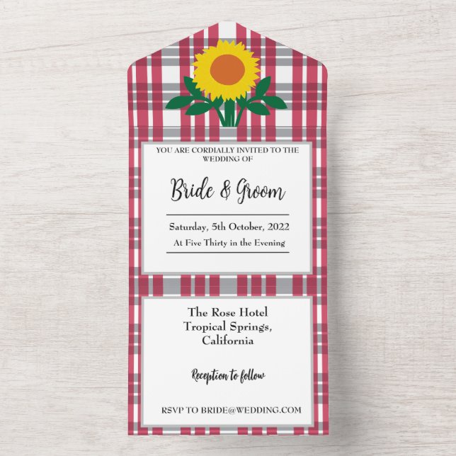 Red Gray White Tartan Wedding All In One Einladung (Innen Boden)