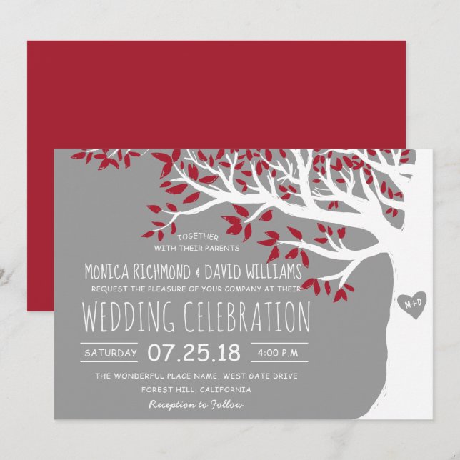 Red Gray White Tree Rustic Vintage Wedding Einladung (Vorne/Hinten)