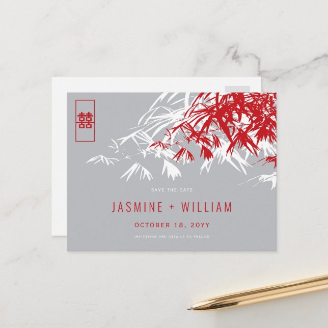 Red Gray Zen Bamboo Chinesische Hochzeit retten da Ankündigungspostkarte (Vorderseite/Rückseite Beispiel)