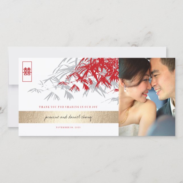 Red Gray Zen Bamboo Verlasse chinesisches Hochzeit Dankeskarte (Vorderseite)