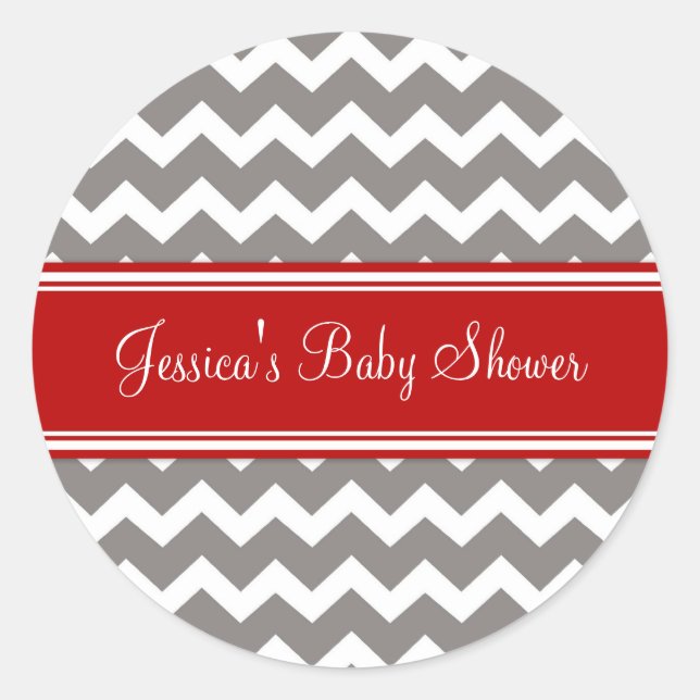 Red Gray Zickzack Baby Shower Pflegeaufkleber Runder Aufkleber (Vorderseite)