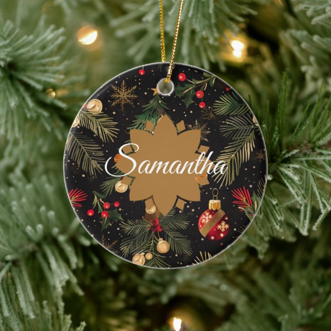Red, green and gold personalized  keramik ornament (Baum)