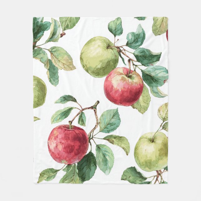 Red Green Apfel Frucht Muster Wasserfarbe Rustikal Fleecedecke (Vorderseite)