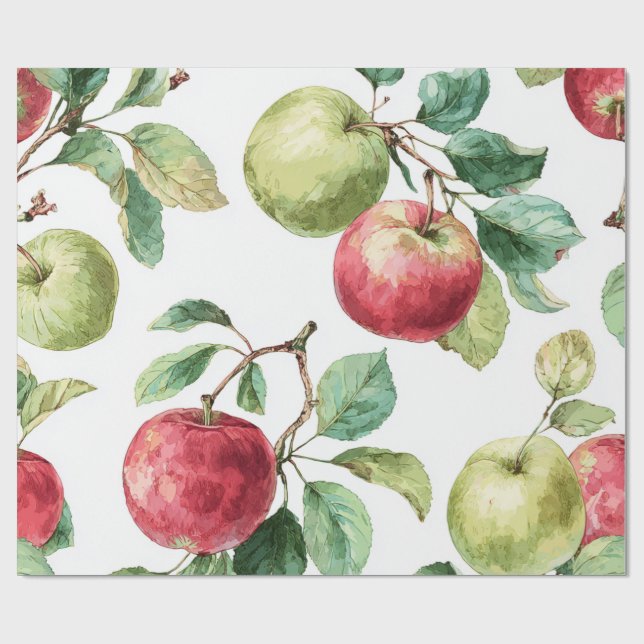 Red Green Apfel Frucht Muster Wasserfarbe Rustikal Geschenkpapier (Flach)