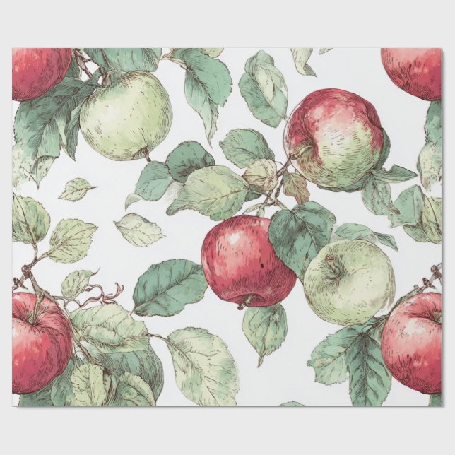 Red Green Apfel Frucht Muster Wasserfarbe Rustikal Geschenkpapier (Flach)
