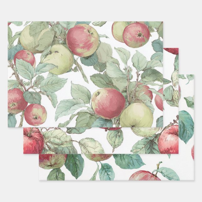 Red Green Apfel Frucht Muster Wasserfarbe Rustikal Geschenkpapier Set (Set)