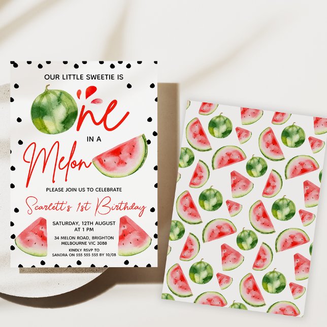 Red Green Black Modern One in einem Melon 1. Gebur Einladung (Girls One In A Melon 1st Birthday Invitations, Watermelon invite, Red Melon 1st Birthday Invitations)