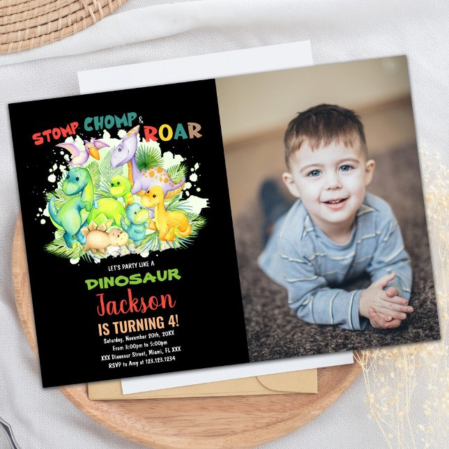 Red Green Black Photo Dinosaur Invitation Annivers (Red Green Black Photo Dinosaur Birthday Invitation)