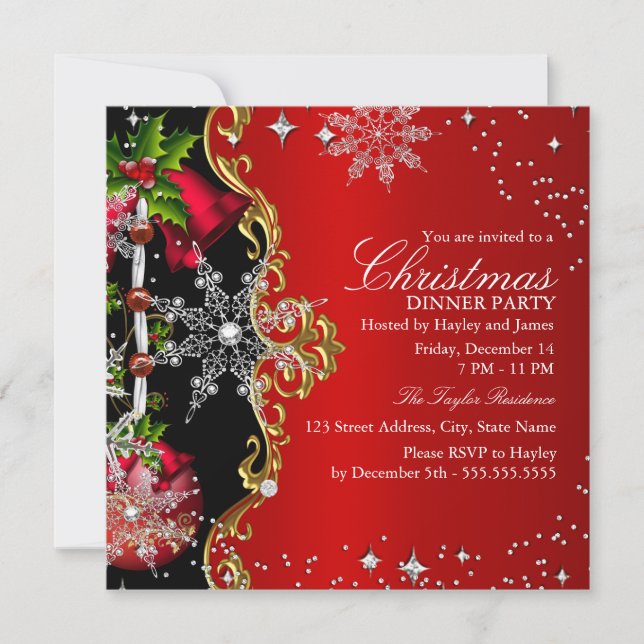 Red green Black Snowflakes Weihnachts-Abendessen P Einladung (Vorderseite)