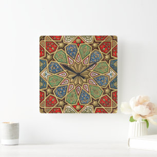 Red Green Blue Imitate Gold Arabic Art Patches Quadratische Wanduhr