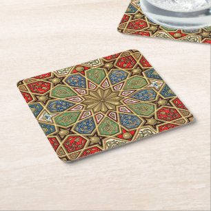 Red Green Blue Imitate Gold Arabic Art Patches Rechteckiger Pappuntersetzer