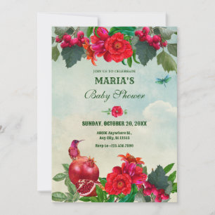 Red Green Blume Bird Retro Babydusche Einladung
