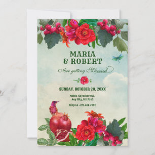 Red Green Blume Bird Retro Vintage Hochzeit Save The Date