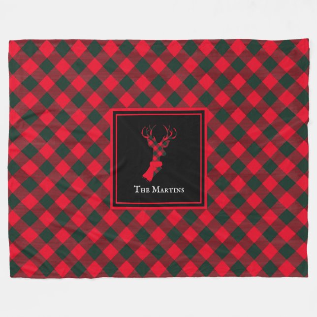 Red & Green Buffalo Kariert Rentier Personalisiert Fleecedecke (Vorderseite (Horizontal))