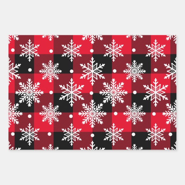 Red Green Buffalo Kariertes Weihnachtsschneeflocke Geschenkpapier Set (Vorderseite)