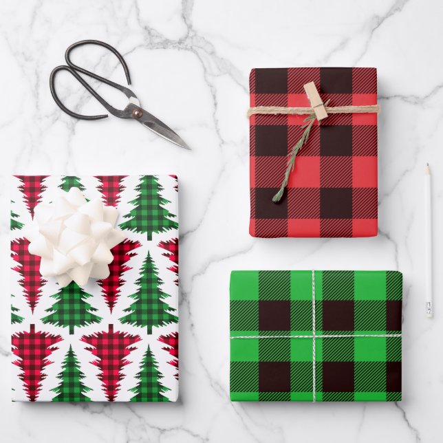 Red Green Buffalo Karo Weihnachtsbaum Geschenkpapier Set (Vorderseite)