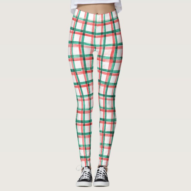 Red Green Check Plaid Christmas Leggings for Women (Vorderseite)
