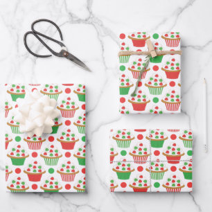 Red Green Christmas Cupcakes Pattern Geschenkpapier Set