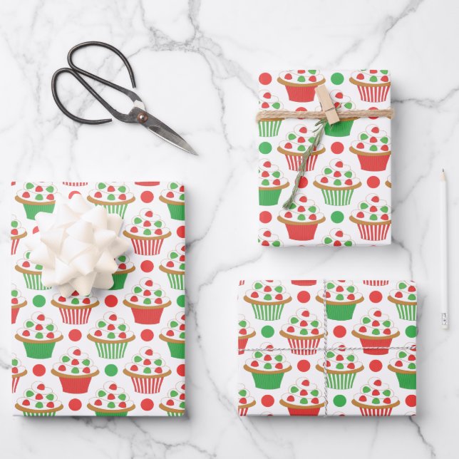 Red Green Christmas Cupcakes Pattern Geschenkpapier Set (Vorderseite)