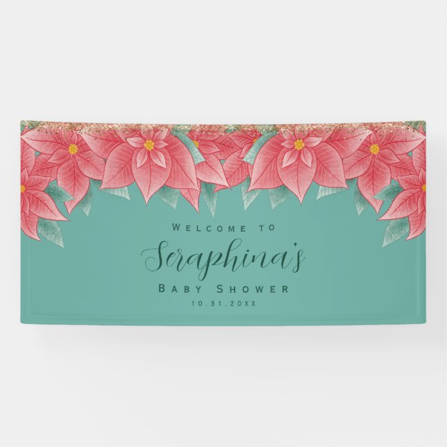Red & Green Christmas Poinsettia Kinderdusche Banner (Horizontal)
