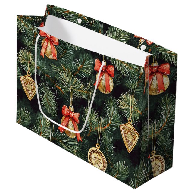 Red Green Christmas Trees Gold Ornaments Große Geschenktüte (Vorderseite Schrägansicht)
