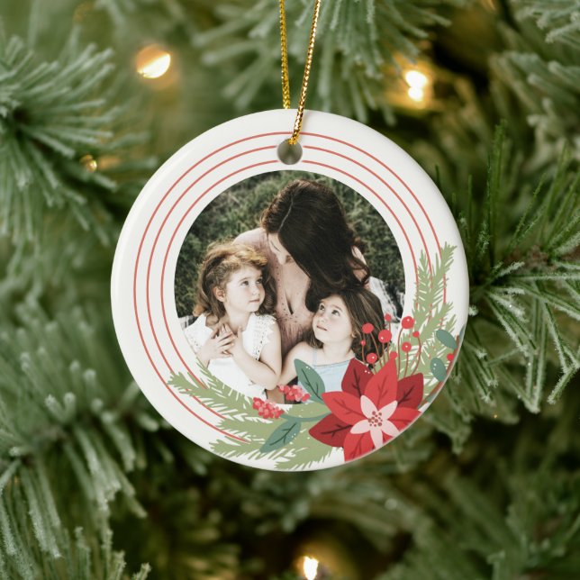 Red Green Circle Weihnachts-Foto Poinsettia Floral Keramik Ornament (Baum)