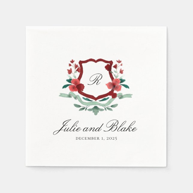 Red & Green Classic Wedding Monogram Wappen Napkin Serviette (Vorderseite)
