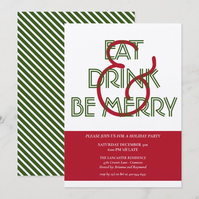 Red & Green Eat Drink & Be Frohe Weihnachten Party Einladung (Vorne/Hinten)