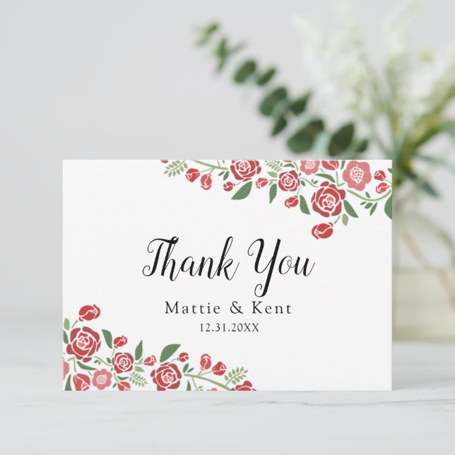 Red Green Elegant Floral Wedding Couple Dankeskarte (Stehend Vorderseite)