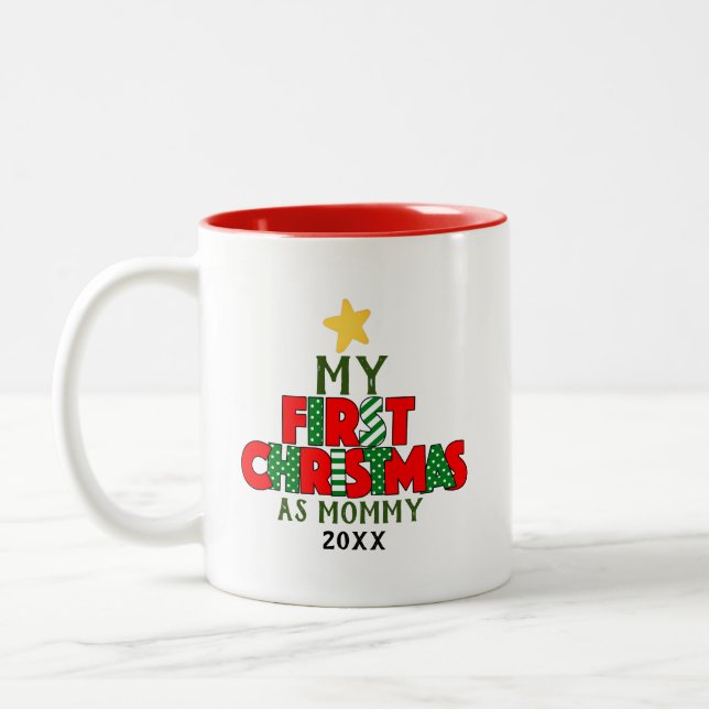 Red & Green First Christmas für Personalisierten Zweifarbige Tasse (Links)