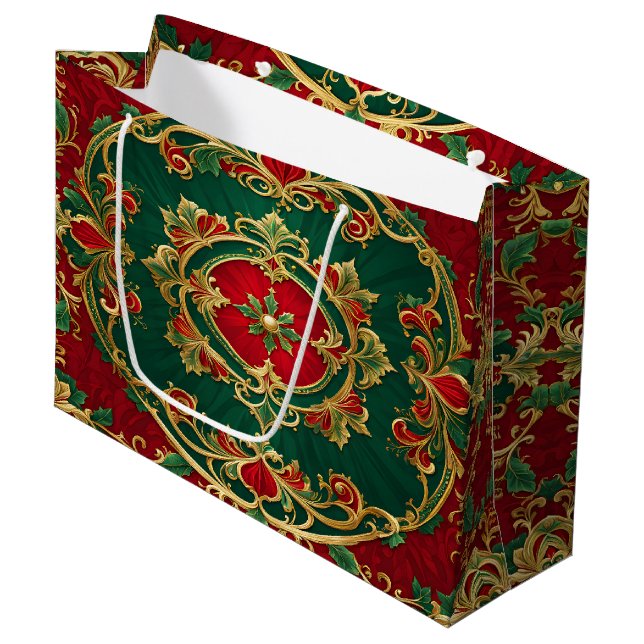 Red Green Floral Decorative Holiday Geschenktasche Große Geschenktüte (Vorderseite Schrägansicht)