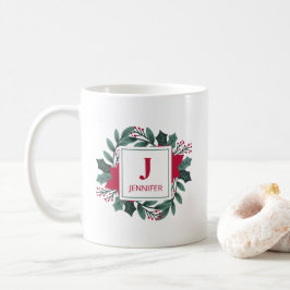 Red Green Floral Elegante Monogram Name Christmas Kaffeetasse