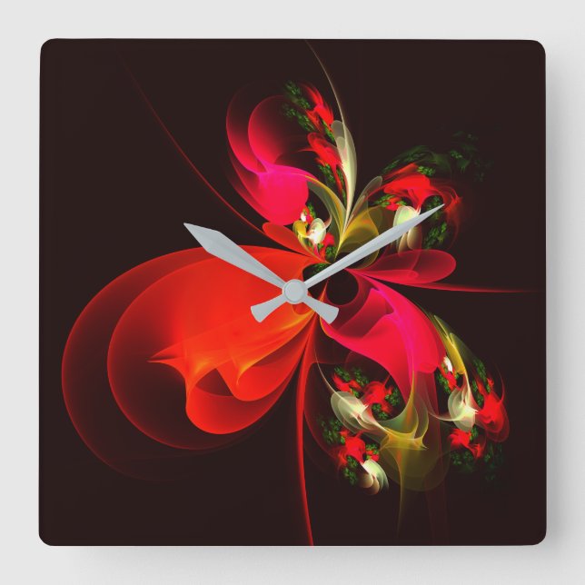Red Green Floral Modern Abstrakt Art Pattern #02 Quadratische Wanduhr (Vorderseite)