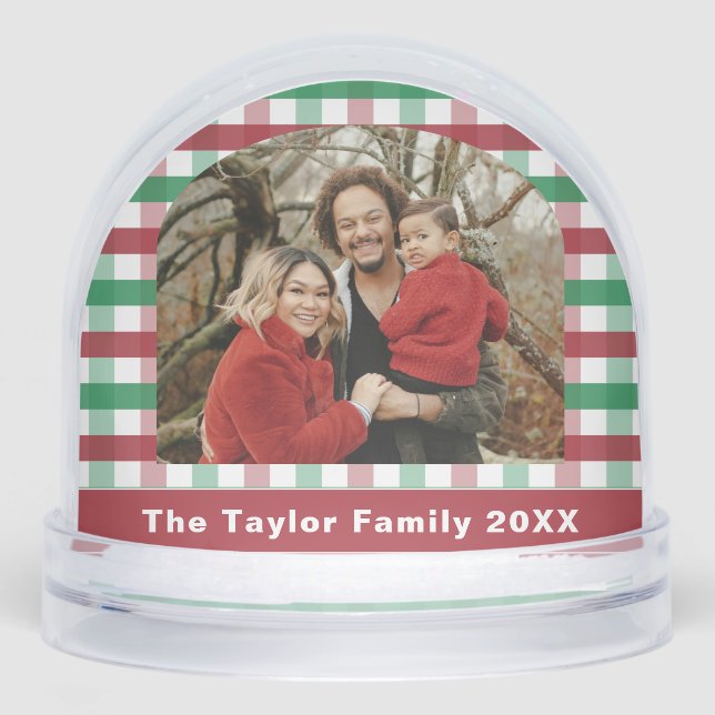 Red Green Gingham Plaid Family Photo Schneekugeln (Vorderseite)
