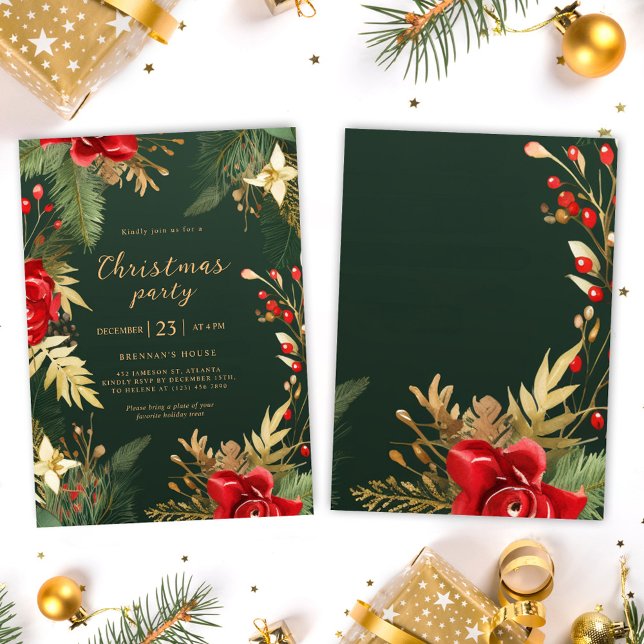 Red Green Gold Elegantes Weihnachtsfest Party Einladung (Red Green Gold Elegant Holiday Christmas Party Invitation)