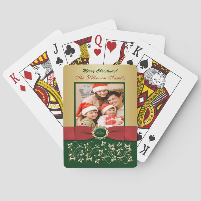 Red, Green, Gold Floral Foto Playing Cards Spielkarten (Rückseite)