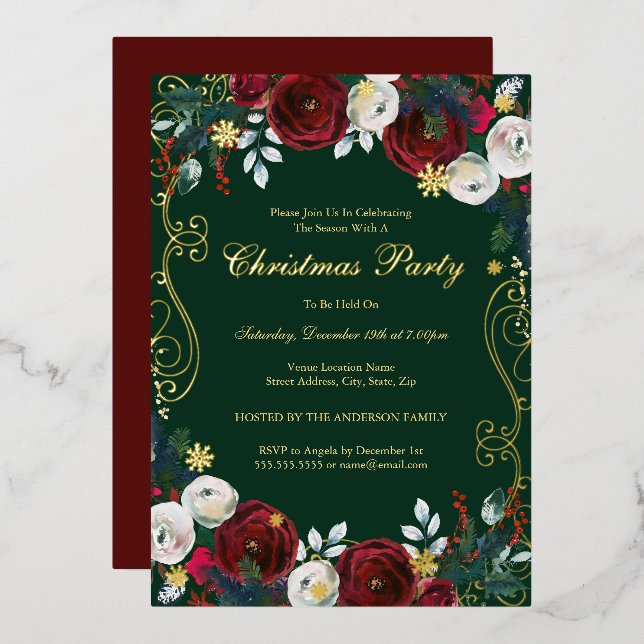 Red Green Gold Floral Swirt Weihnachtsfest Party Folieneinladung (Vorderseite/Rückseite)