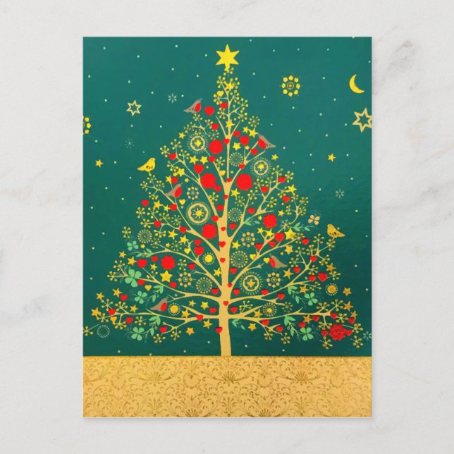Red Green Gold Glitzer Chrismas Winter Bird Tree Postkarte (Vorderseite)