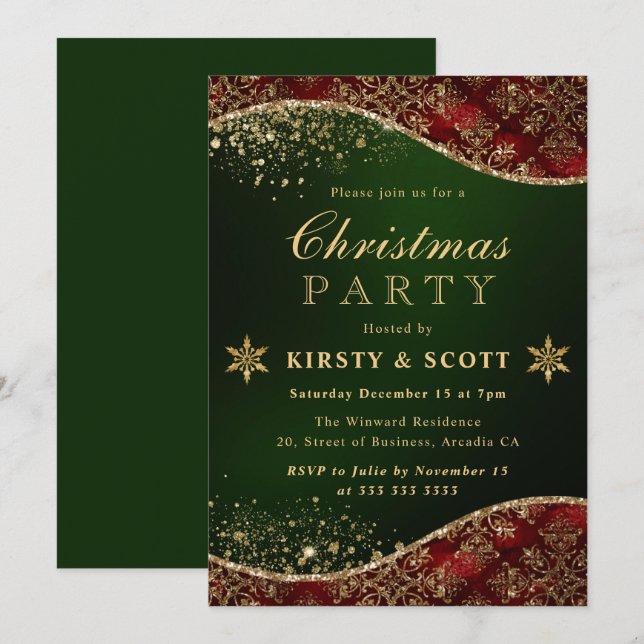 Red, Green & Gold Glitzer Damask Party Einladung (Vorne/Hinten)