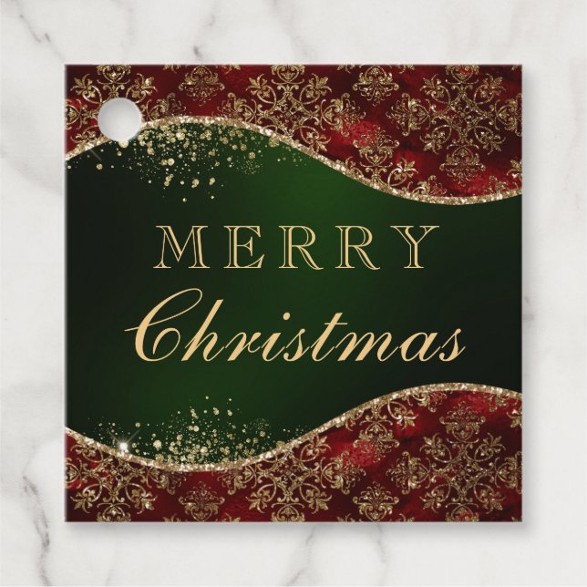 Red, Green & Gold Glitzer Damask Weihnachten Geschenkanhänger (Vorderseite)