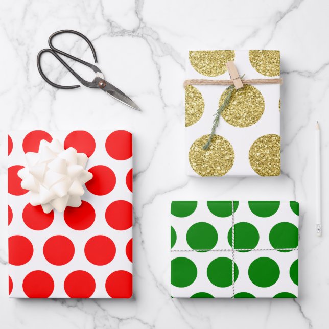 Red Green Gold Glitzer Polka Dog Weihnachten Geschenkpapier Set (Vorderseite)