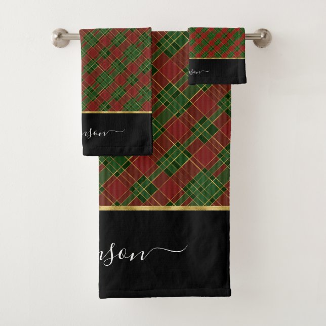 Red Green Gold Kariert Personalisierter Weihnachts Badhandtuch Set (Insitu)