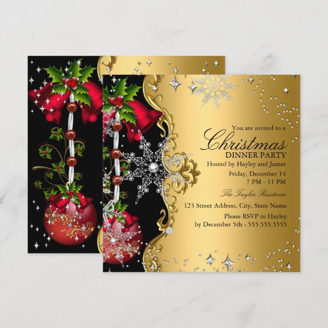 Red green Gold Snowflakes Weihnachts-Abendessen Pa Einladung (Vorne/Hinten)