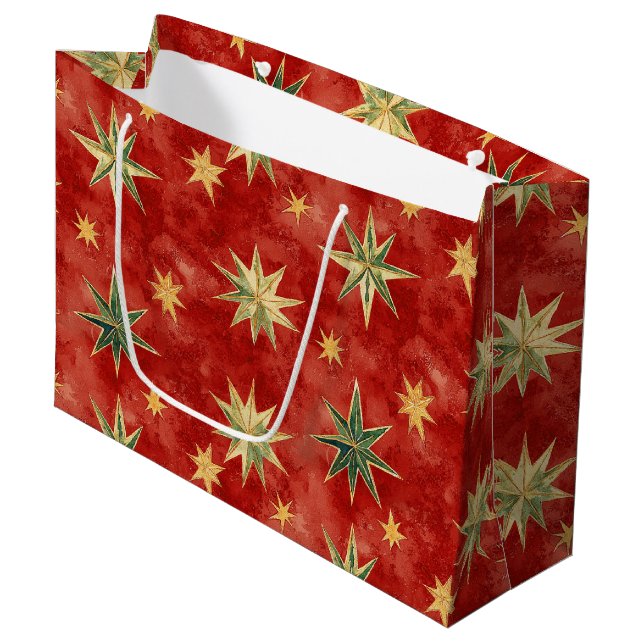 Red Green Gold Stars Christmas Große Geschenktüte (Vorderseite Schrägansicht)